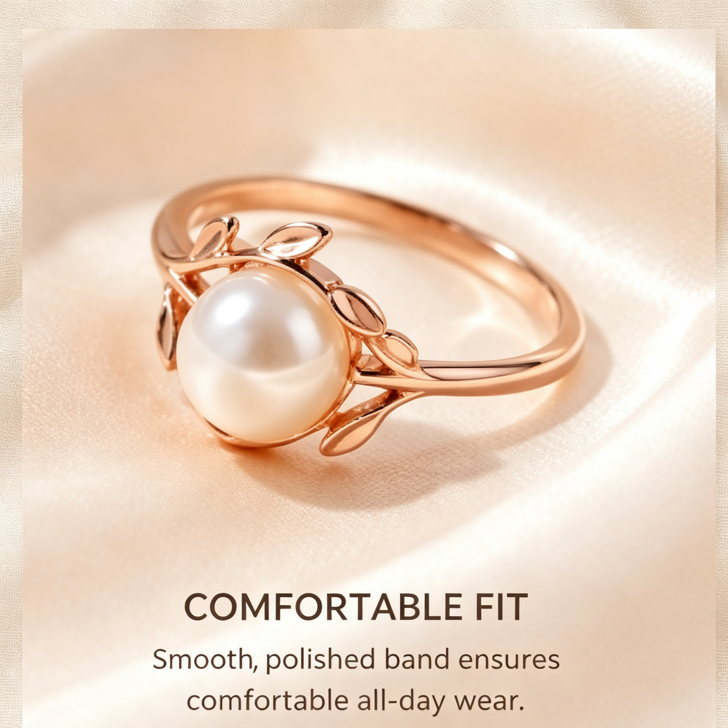 Nature-Inspired Leaf Pearl Rose Gold Ring