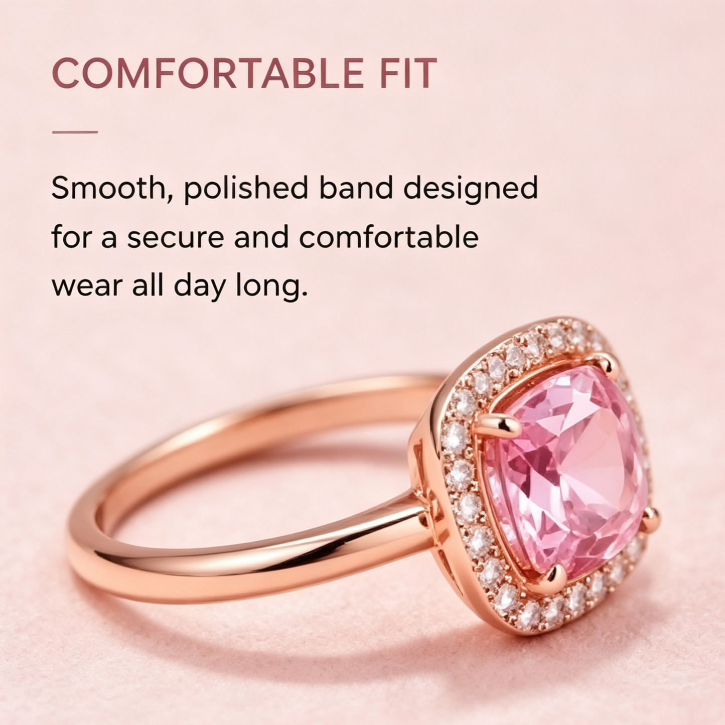 Cushion-Cut Pink Stone Halo Rose Gold Ring