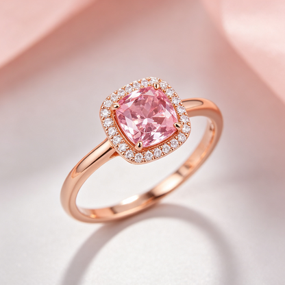 Cushion-Cut Pink Stone Halo Rose Gold Ring
