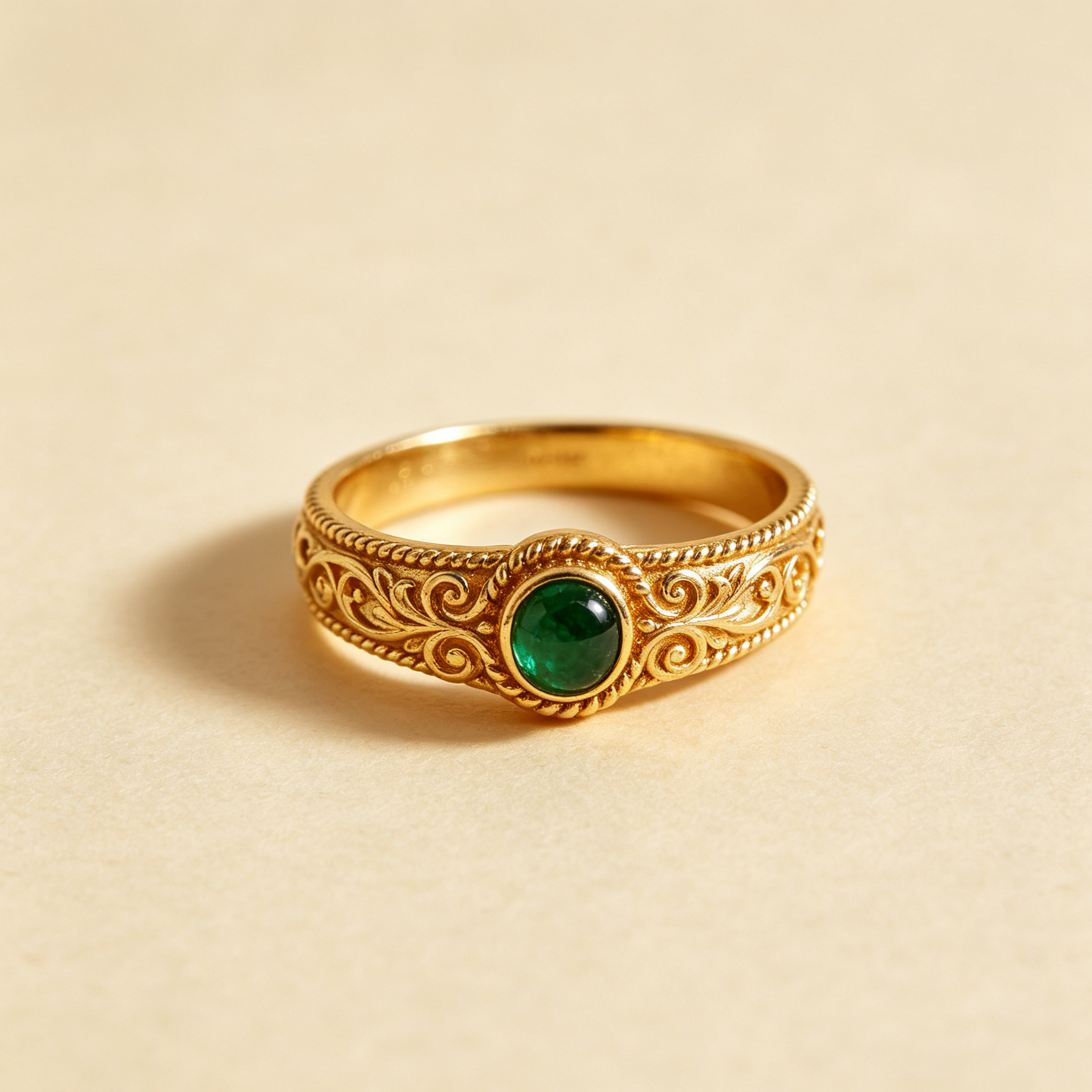 Vintage Carved Oval Emerald Gold Ring