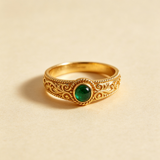 Vintage Carved Oval Emerald Gold Ring