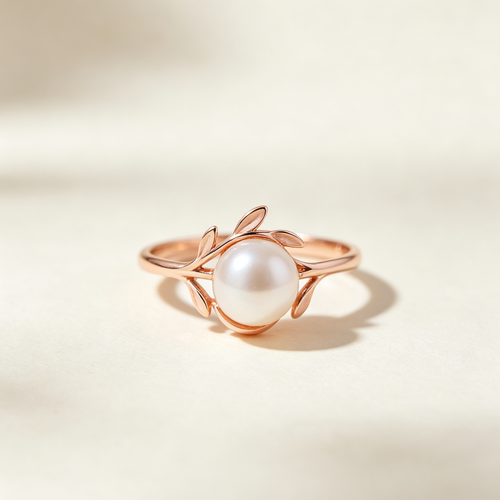 Nature-Inspired Leaf Pearl Rose Gold Ring