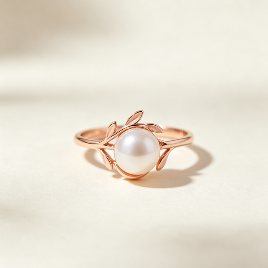 Nature-Inspired Leaf Pearl Rose Gold Ring