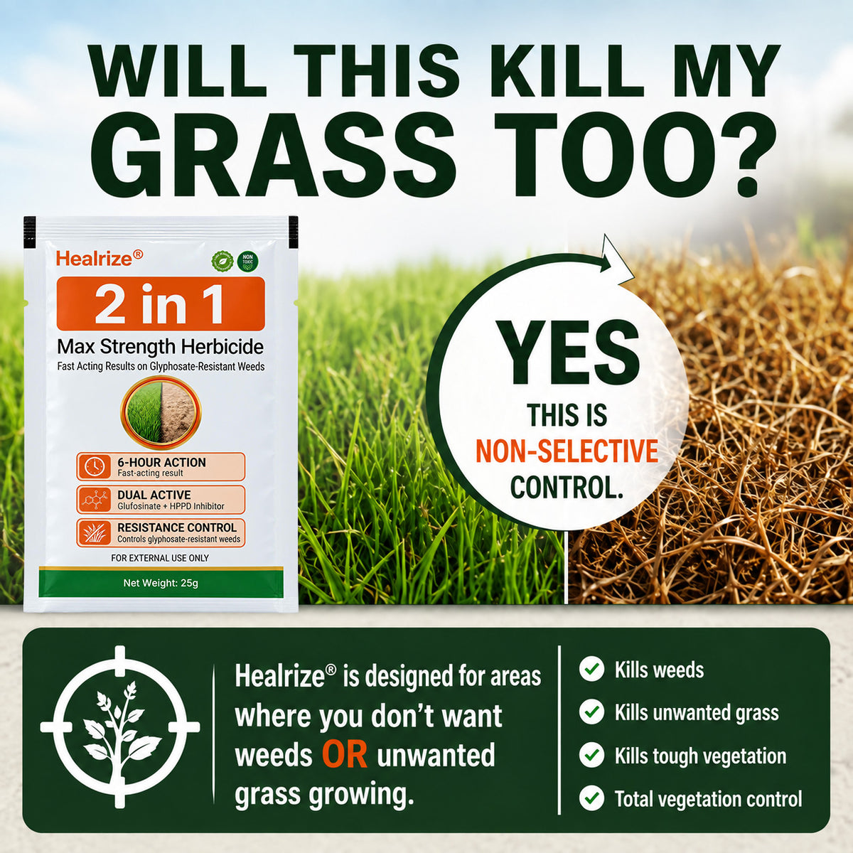 Healrize® 2 in 1 Max Power Herbicide（Kill Tough Weeds & Grass — Down to the Root）