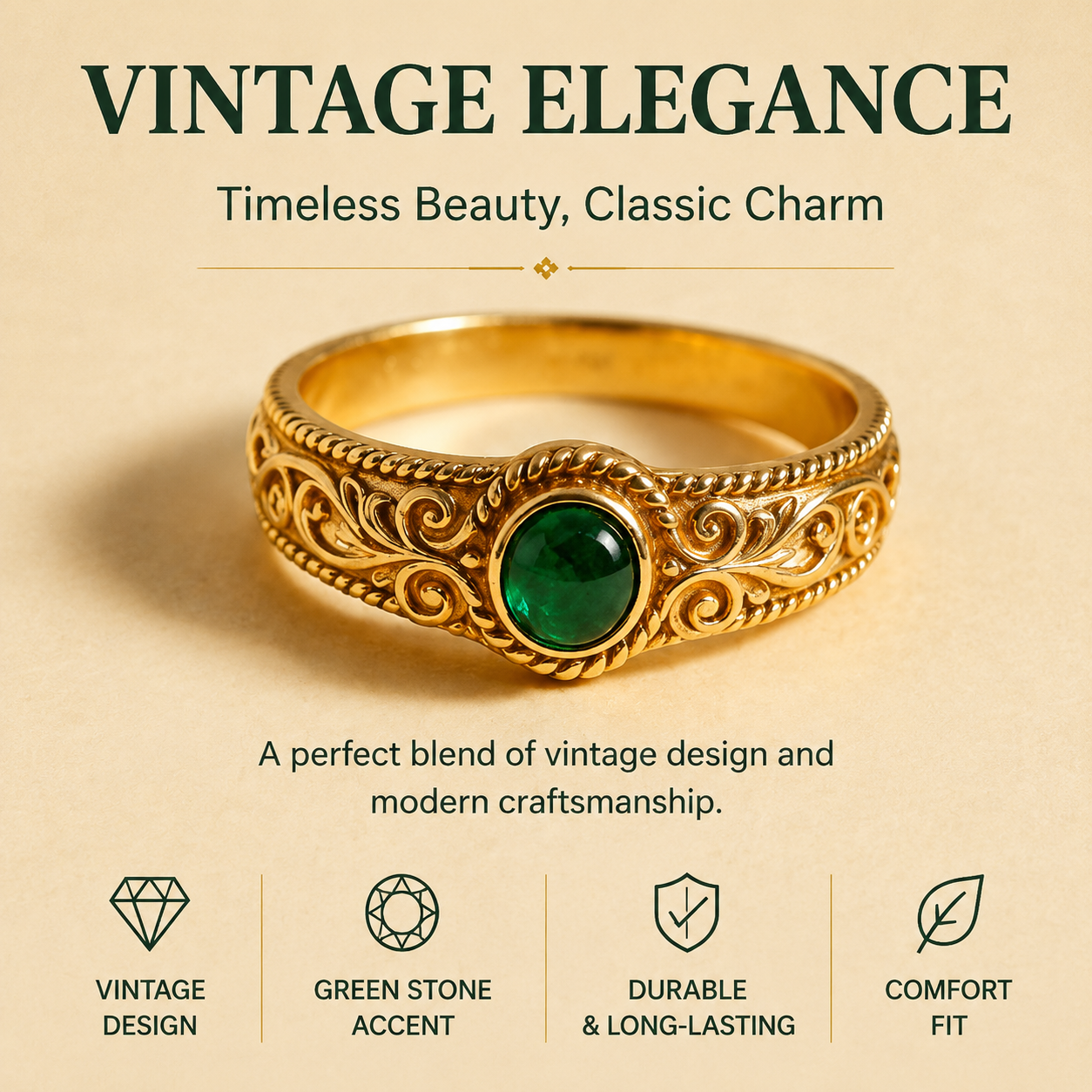 Vintage Carved Oval Emerald Gold Ring