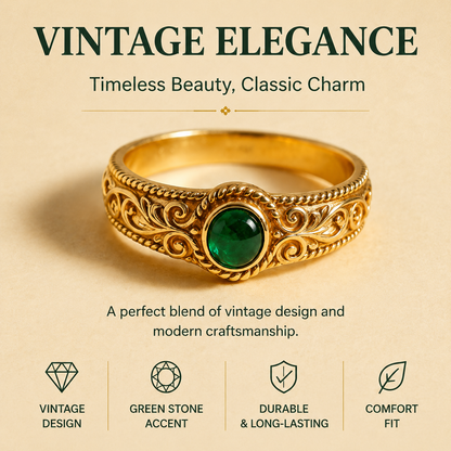 Vintage Carved Oval Emerald Gold Ring