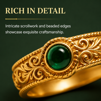 Vintage Carved Oval Emerald Gold Ring