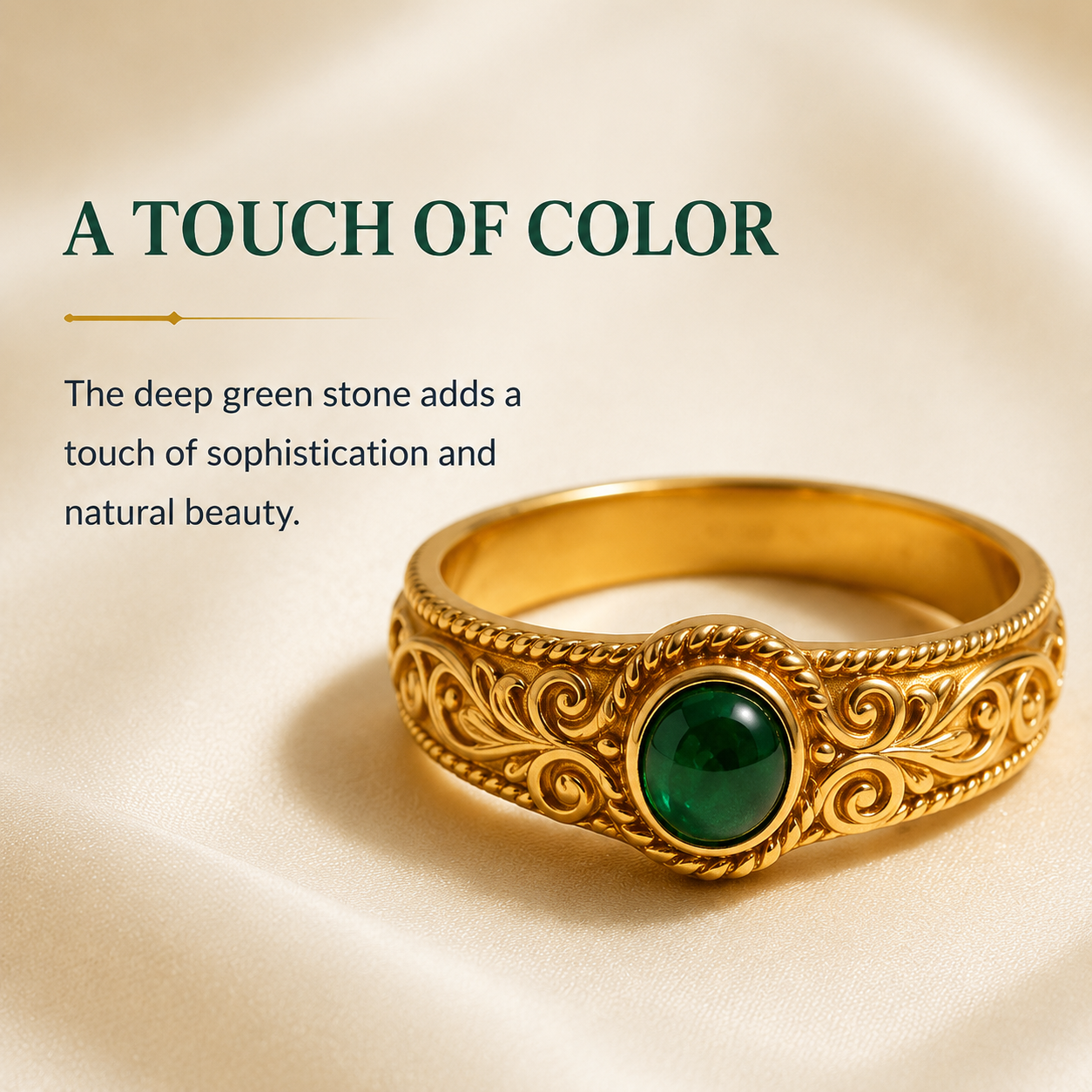 Vintage Carved Oval Emerald Gold Ring