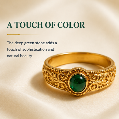 Vintage Carved Oval Emerald Gold Ring
