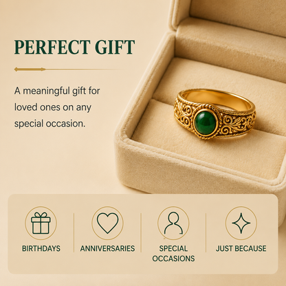 Vintage Carved Oval Emerald Gold Ring