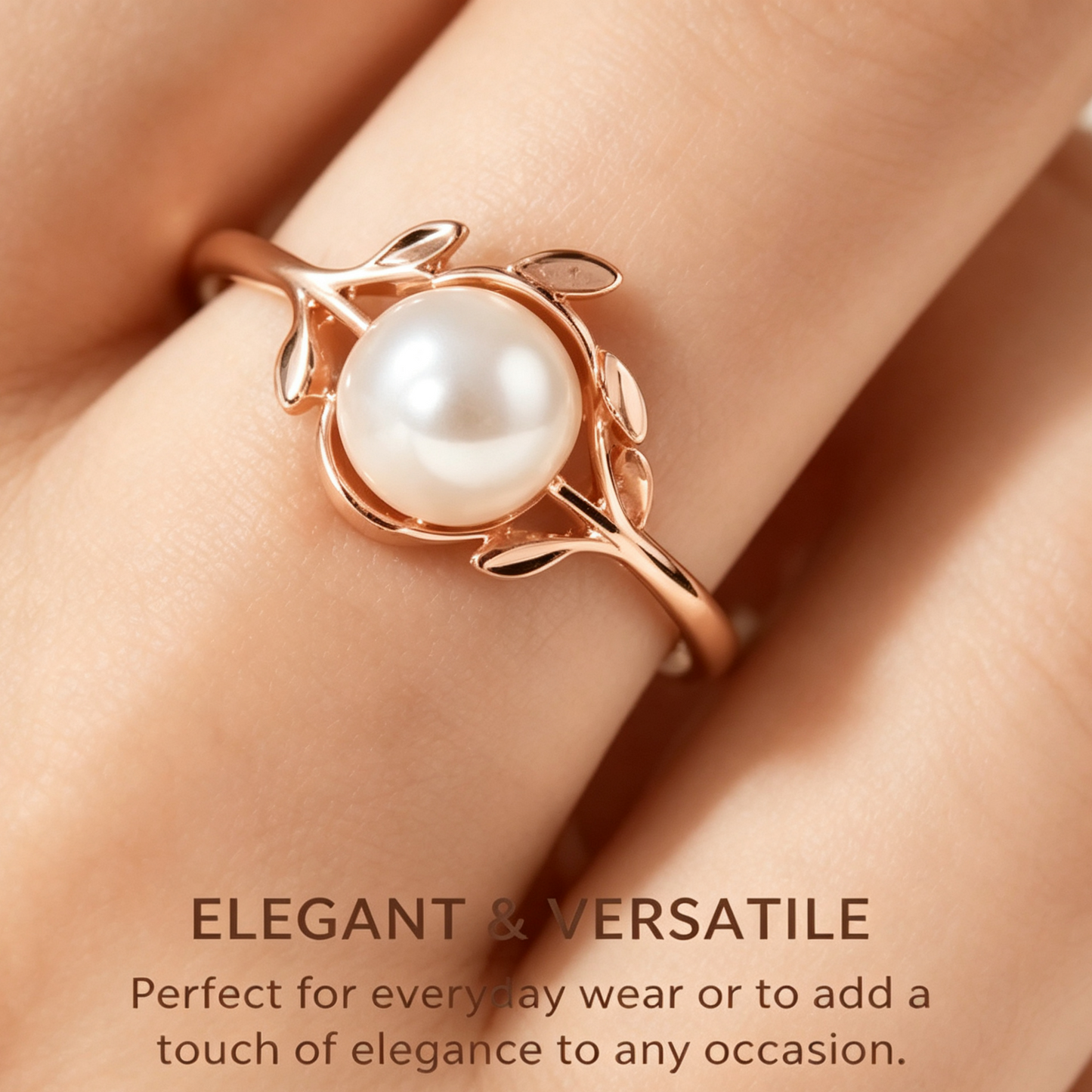 Nature-Inspired Leaf Pearl Rose Gold Ring