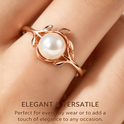 Nature-Inspired Leaf Pearl Rose Gold Ring