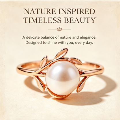 Nature-Inspired Leaf Pearl Rose Gold Ring