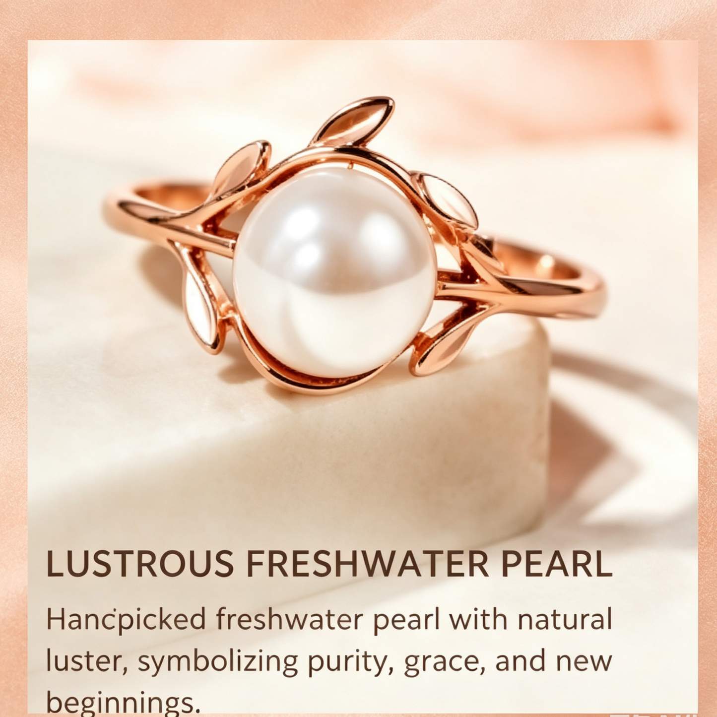 Nature-Inspired Leaf Pearl Rose Gold Ring