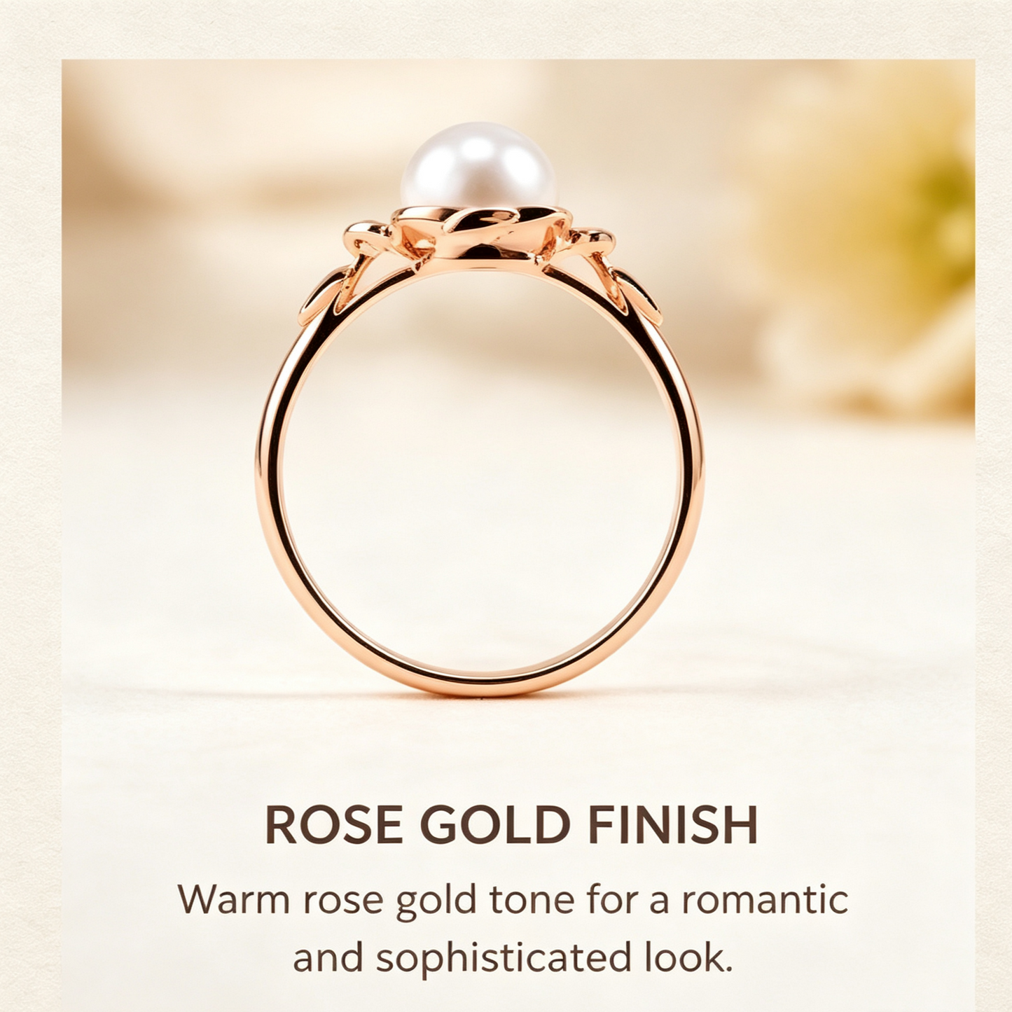 Nature-Inspired Leaf Pearl Rose Gold Ring