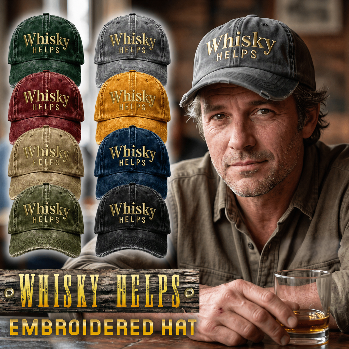 Whisky Helps Embroidered Hat
