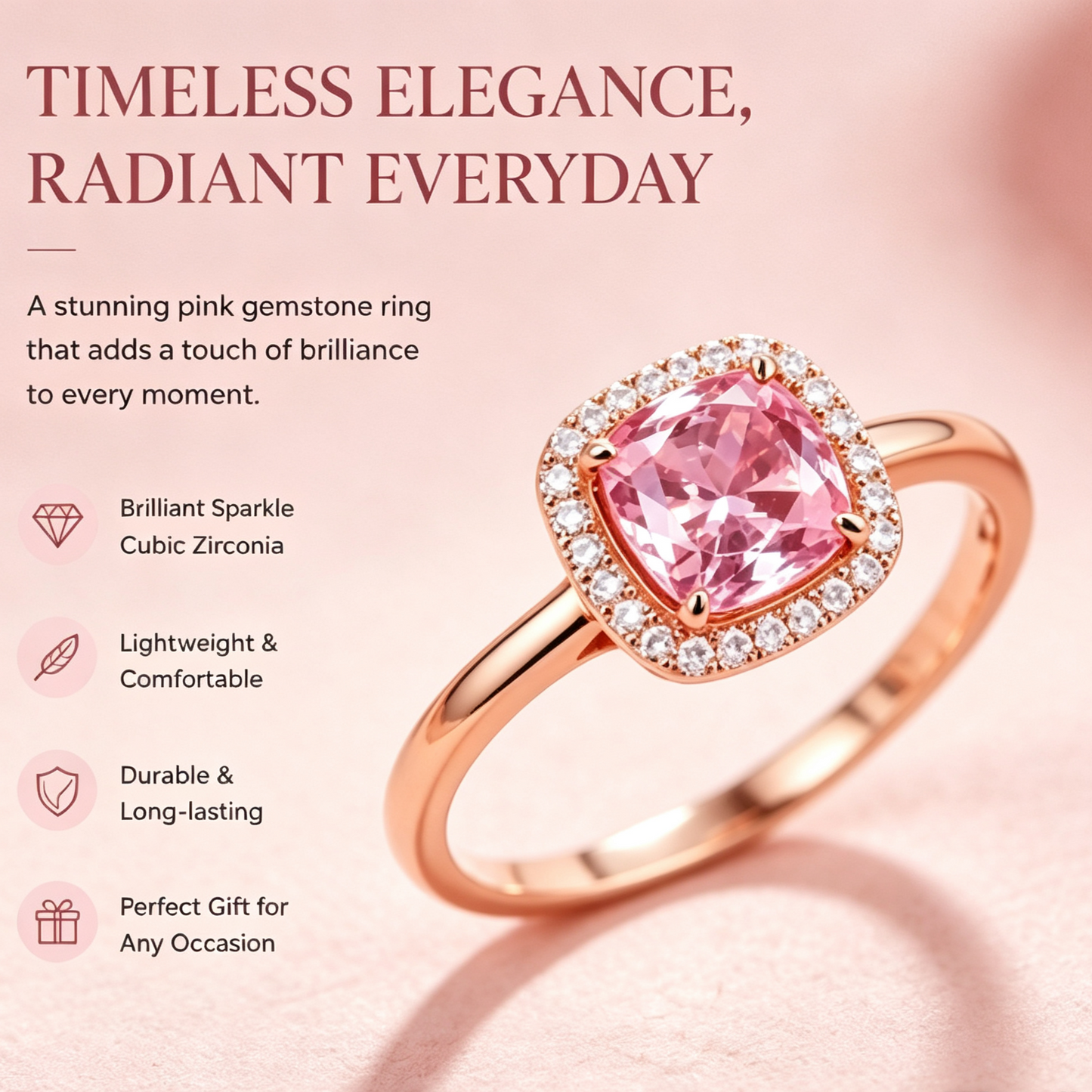 Cushion-Cut Pink Stone Halo Rose Gold Ring