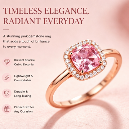 Cushion-Cut Pink Stone Halo Rose Gold Ring