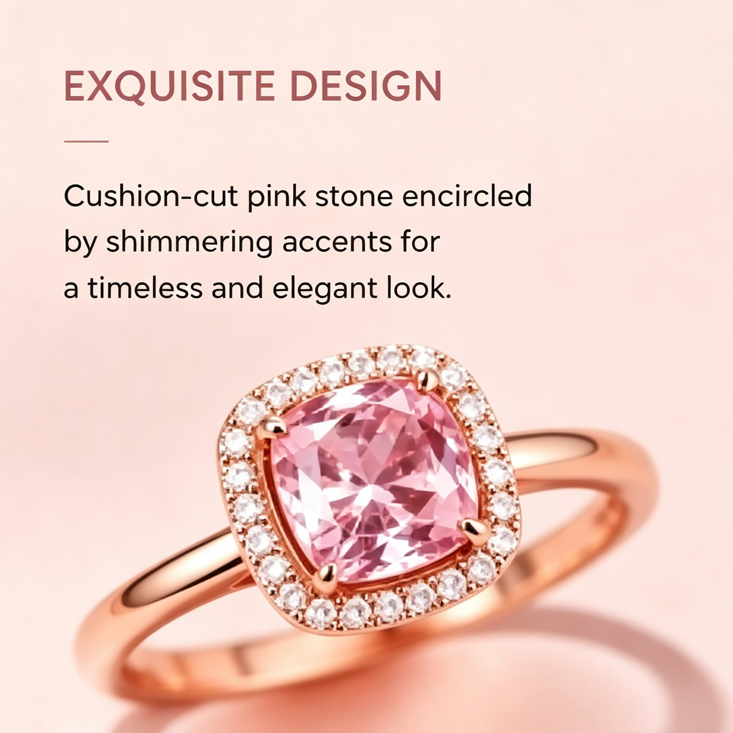 Cushion-Cut Pink Stone Halo Rose Gold Ring