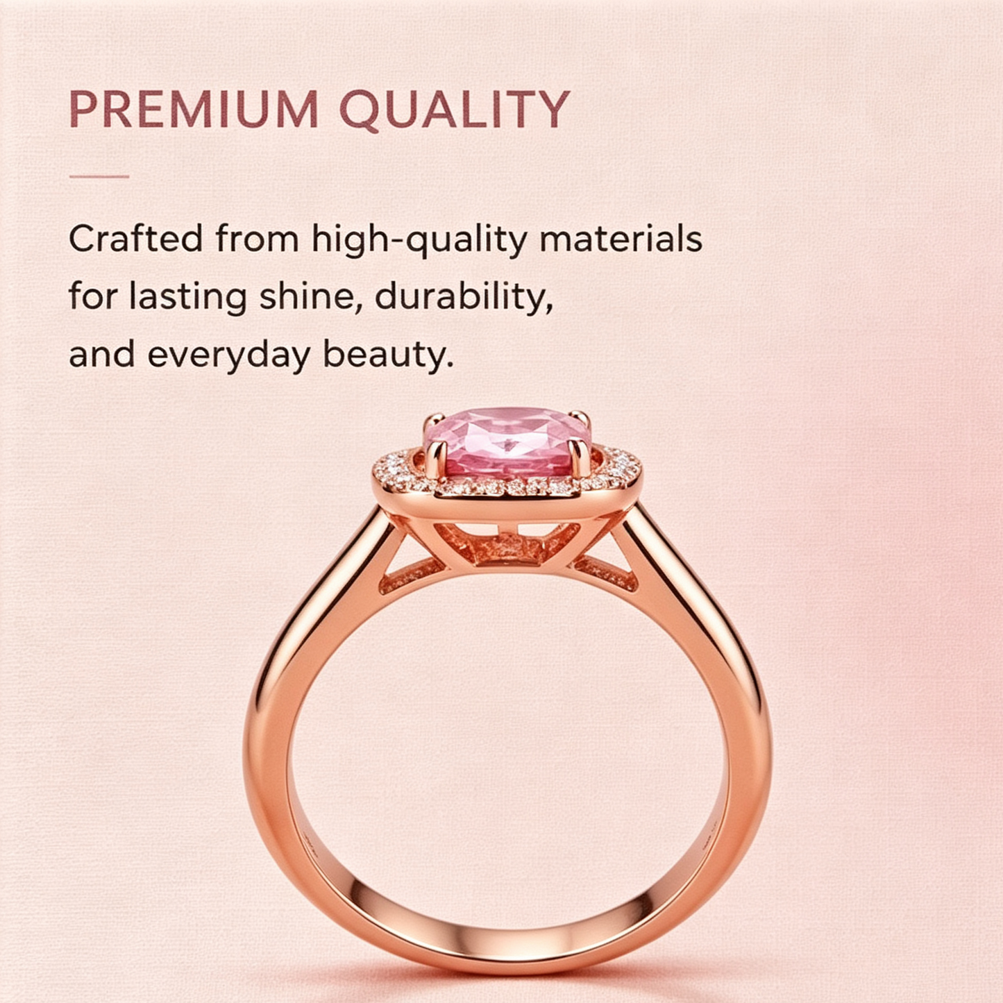 Cushion-Cut Pink Stone Halo Rose Gold Ring